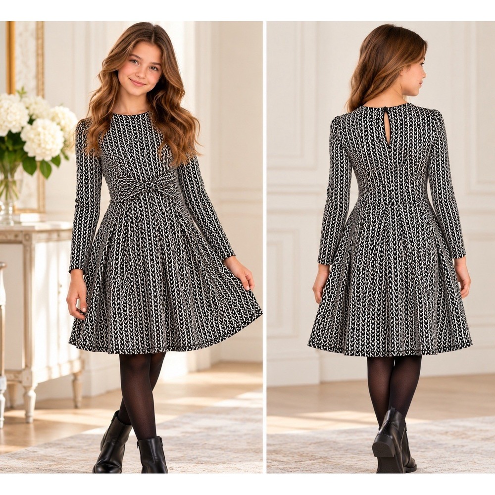 Mayoral Girls 12 Black White Geometric Fit Flare Dress Long Sleeve Stretch